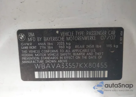 2007 BMW 328I from USA, damaged, VIN WBAVA33557KX80455